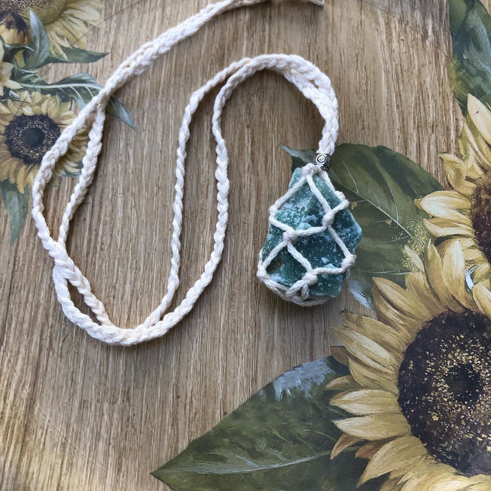 Raw aventurine crystal necklace handmade macrame cage net pendant